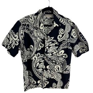 E&K Large Black Button Up Men Tribal Turtle Print Hawaiian Shirt Resort Tropical